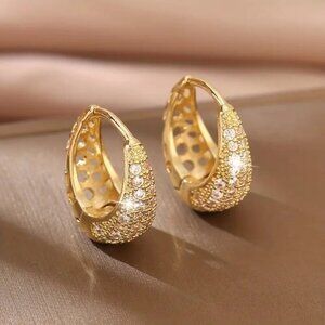 Pave Crystal Huggie Earrings Gold Tone Oval Sparkly Hoops NEW